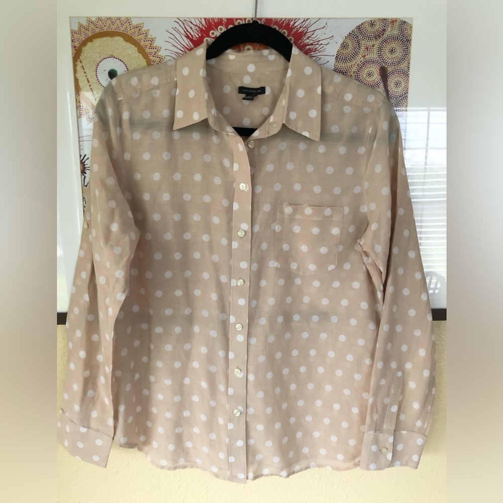 Ann Taylor Cotton/Silk Beige Polka Dot Long Sleeve Blouse S